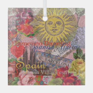 Vintage Spain Sunshine Travel Collage Retro Europe Glass Ornament