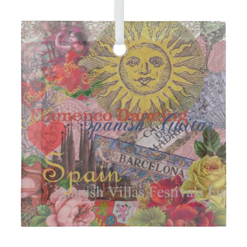 Vintage Spain Sunshine Travel Collage Retro Europe Glass Ornament