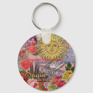 Vintage Spain Sunshine Travel Collage Retro Europe Keychain