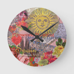 Vintage Spain Sunshine Travel Collage Retro Europe Round Clock