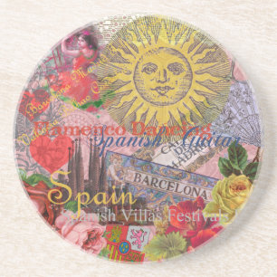 Vintage Spain Sunshine Travel Collage Retro Europe Sandstone Coaster