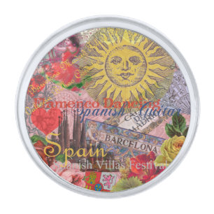 Vintage Spain Sunshine Travel Collage Retro Europe Silver Finish Lapel Pin