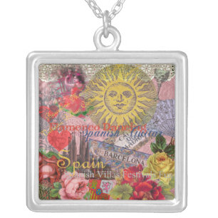Vintage Spain Sunshine Travel Collage Retro Europe Silver Plated Necklace