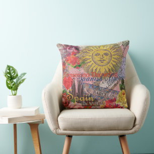 Vintage Spain Sunshine Travel Collage Retro Europe Throw Pillow