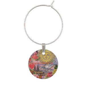 Vintage Spain Sunshine Travel Collage Retro Europe Wine Glass Charm