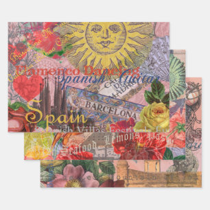 Vintage Spain Sunshine Travel Collage Retro Europe Wrapping Paper Sheets