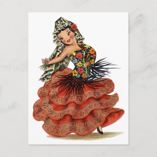 Vintage Spanish Flamenco Dancer traditional dress Postcard