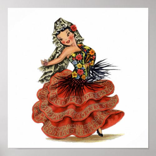 Vintage Spanish Flamenco Dancer traditional dress Poster