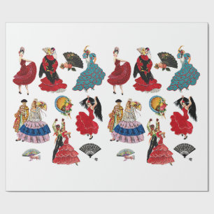 Vintage Spanish Flamenco Dancer women fans art Wrapping Paper