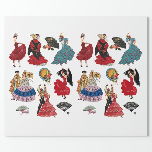 Vintage Spanish Flamenco Dancer women fans art Wrapping Paper