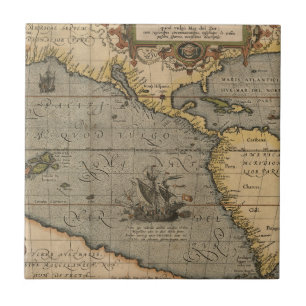 Vintage Spanish Galleon on an Old Pacific Map Ceramic Tile