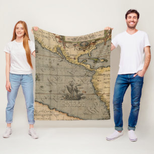 Vintage Spanish Galleon on an Old Pacific Map Fleece Blanket