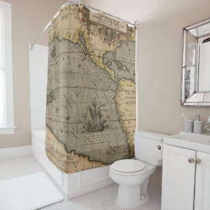 Vintage Spanish Galleon on an Old Pacific Map Shower Curtain
