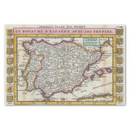 Vintage Spanish Kingdom Old World Map of Spain Tissue Paper