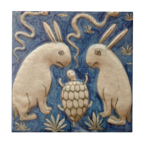 Vintage Spanish Tile Animal Rabbit Tortoise Blue