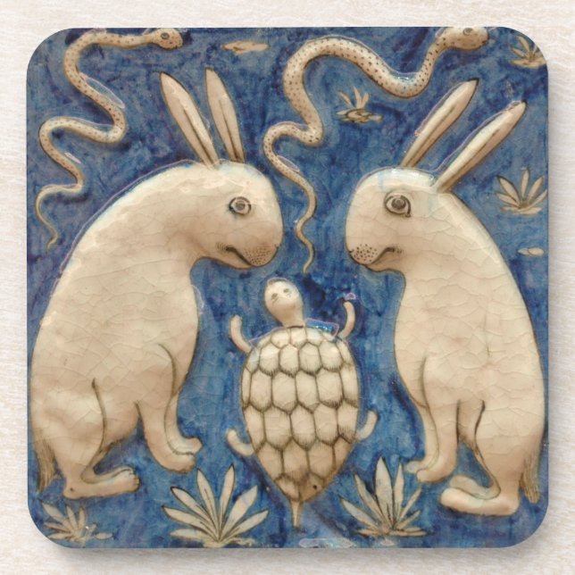 Vintage Spanish Tile Animal Rabbit Tortoise Blue Beverage Coaster (Front)