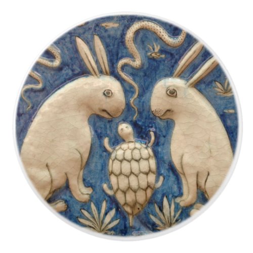 Vintage Spanish Tile Animal Rabbit Tortoise Blue Ceramic Knob