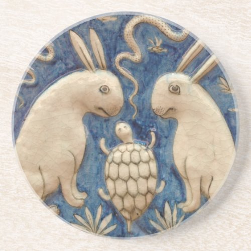 Vintage Spanish Tile Animal Rabbit Tortoise Blue Coaster