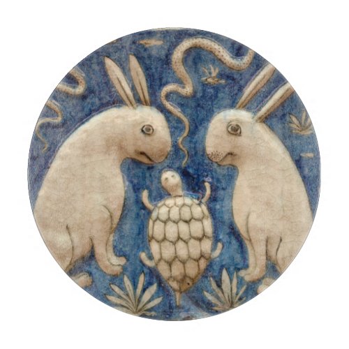 Vintage Spanish Tile Animal Rabbit Tortoise Blue Cutting Board
