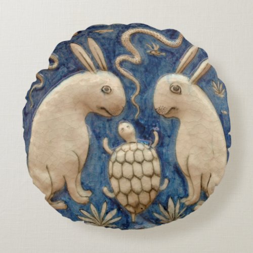 Vintage Spanish Tile Animal Rabbit Tortoise Blue Round Pillow