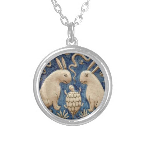 Vintage Spanish Tile Animal Rabbit Tortoise Blue Silver Plated Necklace