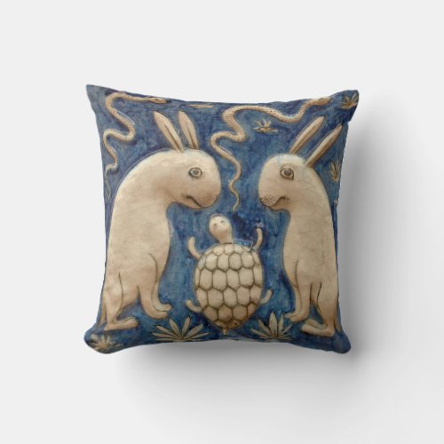 Vintage Spanish Tile Animal Rabbit Tortoise Blue Throw Pillow