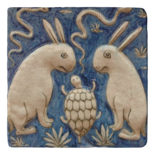 Vintage Spanish Tile Animal Rabbit Tortoise Blue Trivet