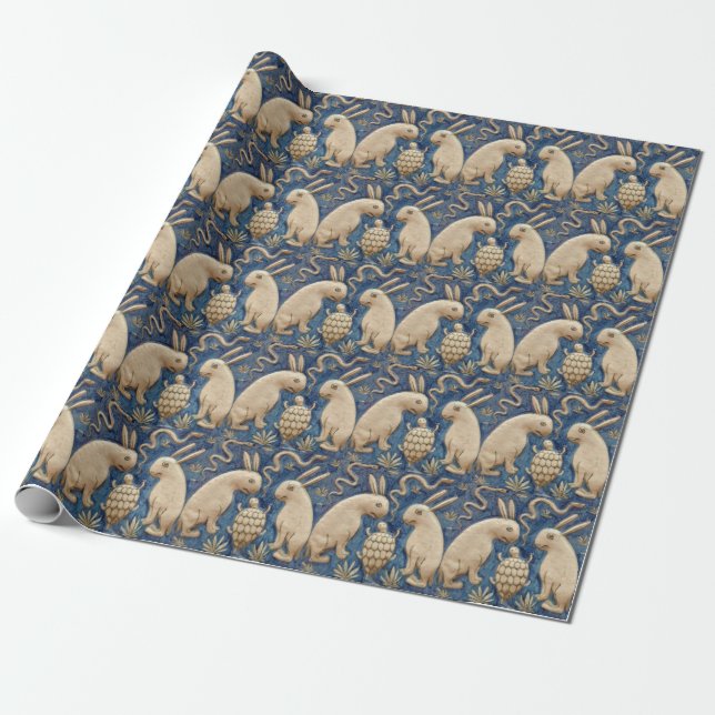 Vintage Spanish Tile Animal Rabbit Tortoise Blue Wrapping Paper (Unrolled)