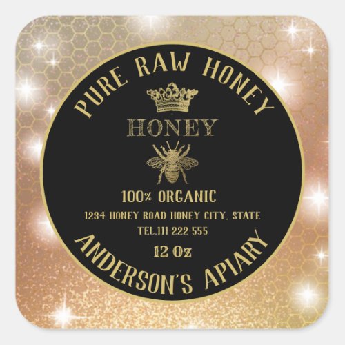 Vintage sparkle gold bee crown honeycomb honey jar square sticker