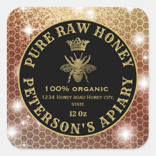 Vintage sparkle gold bee crown honeycomb honey jar square sticker