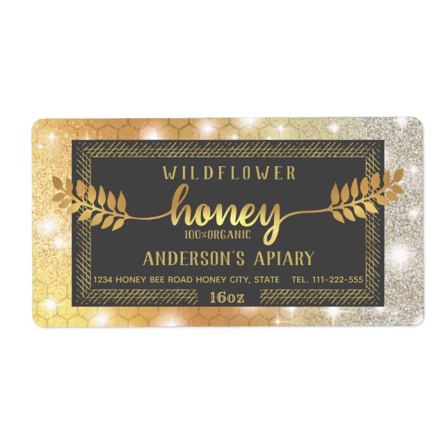 Vintage sparkle gold calligraphy honey branch label (Front)
