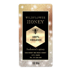 Vintage sparkle gold logo queen bee honey jar label
