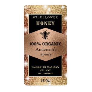 Vintage sparkle rose gold bee logo honey jar label