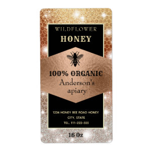 Vintage sparkle rose gold bee logo honey jar label