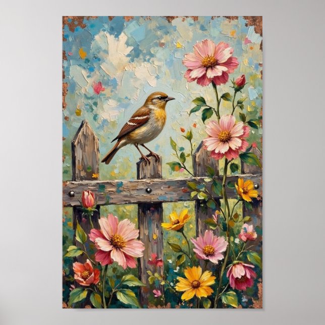 Vintage Sparrow Garden Rustic Art Poster (Front)