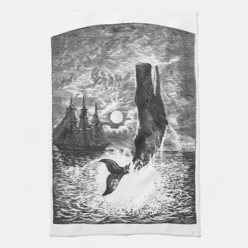 Vintage Sperm Whale Breaching Marine Life Animals Kitchen Towel