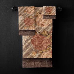 Vintage Spice Copper Rose   Rustic Faux Leather Bath Towel Set