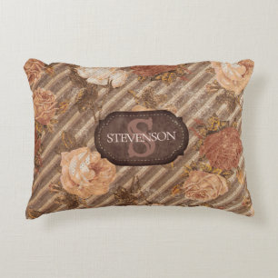 Vintage Spice Copper Rose   Rustic Floral Monogram Accent Pillow