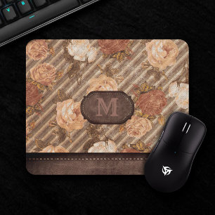 Vintage Spice Copper Rose Rustic Floral Monogram Mouse Pad
