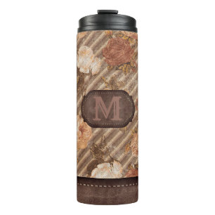 Vintage Spice Copper Rose   Rustic Floral Monogram Thermal Tumbler