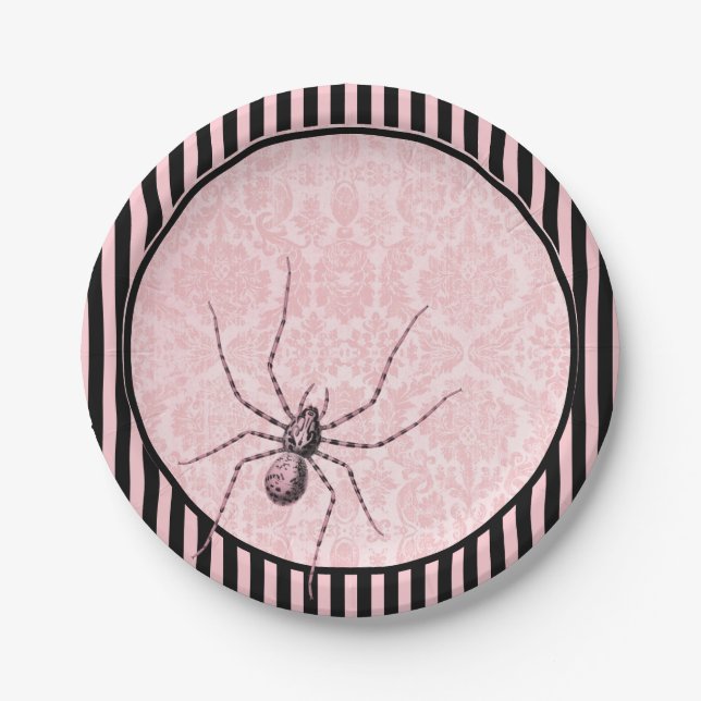 Vintage Spider on Pink Damask | Halloween Paper Plates (Front)