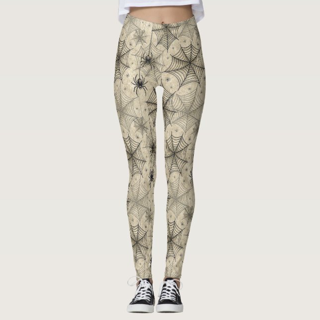 Vintage Spiders and Webs Halloween Pattern Leggings (Front)