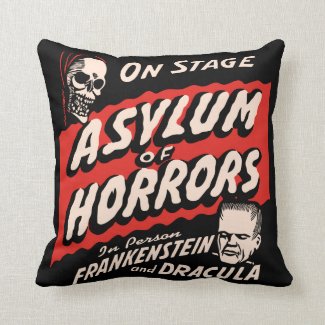 Vintage Spook Show Poster Art - Asylum of Horror Throw Pillow