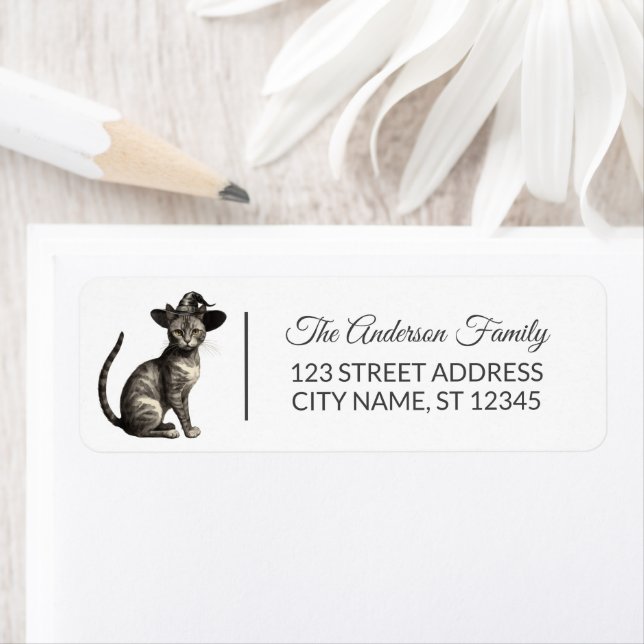 Vintage Spooky cat wearing witch's hat Halloween   Label (Insitu)