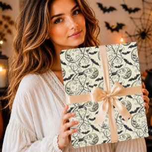 Vintage Spooky Creepy Moon Cream Gothic Bat Wrapping Paper