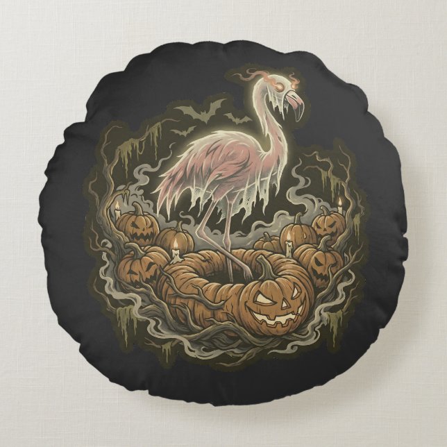 Vintage Spooky Flamingo Halloween Design Round Pillow (Front)