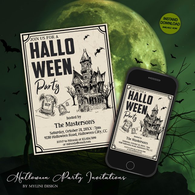 Vintage Spooky Graveyard Hounted House Halloween Invitation (Creator Uploaded)