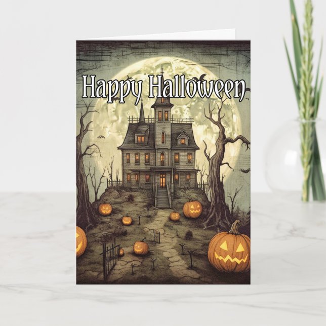 Vintage Spooky Halloween Haunted House Card (Front)