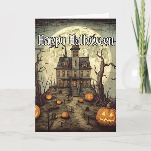 Vintage Spooky Halloween Haunted House Card