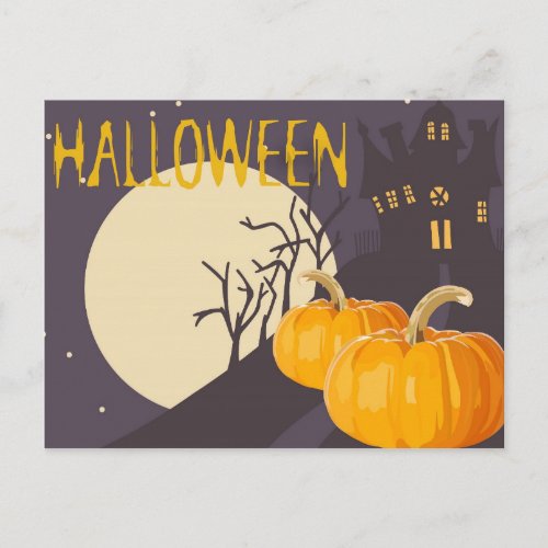 Vintage Spooky Halloween Moon and Pumpkin at Night Postcard